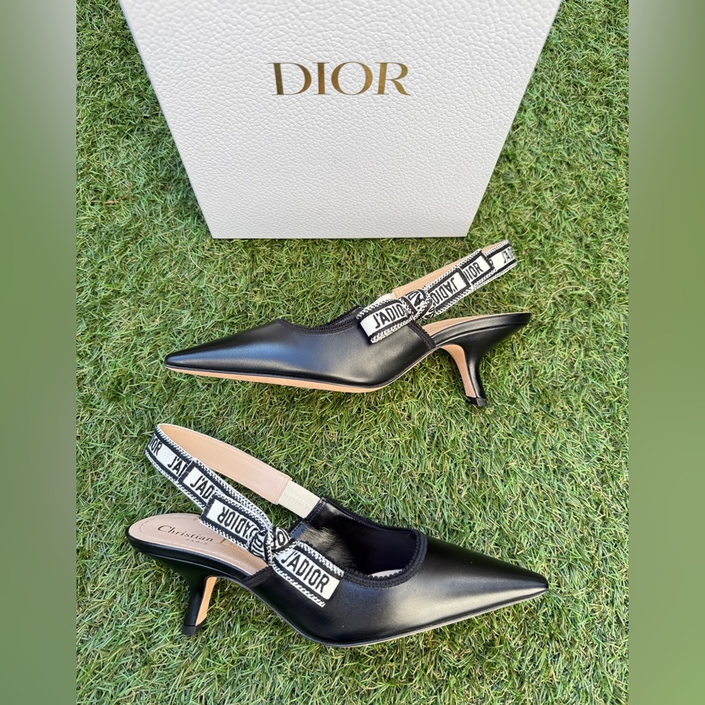 CHRISTIAN DIOR J'ADIOR BLACK CALFSKIN LEATHER SHOES SLINGBACKS KITTEN HEELS 37.5 - Picture 11 of 15